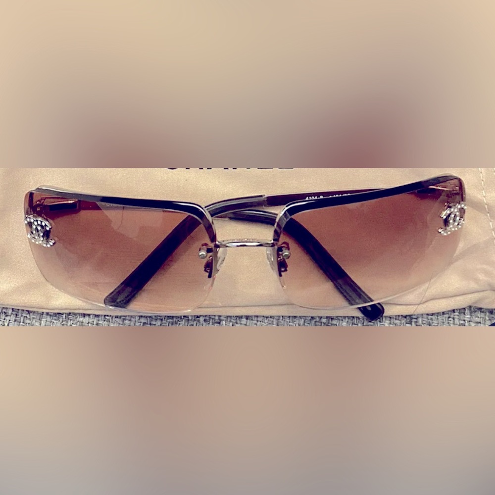 CHANEL 4104-B Silver Rhinestone Accent Brown Lenses Sunglasses